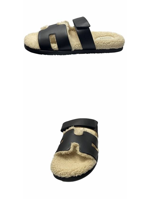 Chypre Shearling Calfskin Sandals Beige Black - HERMES - BALAAN 5