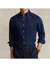 Men's Pony Embroidery Linen Oxford Long Sleeve Shirt Blue - POLO RALPH LAUREN - BALAAN 3