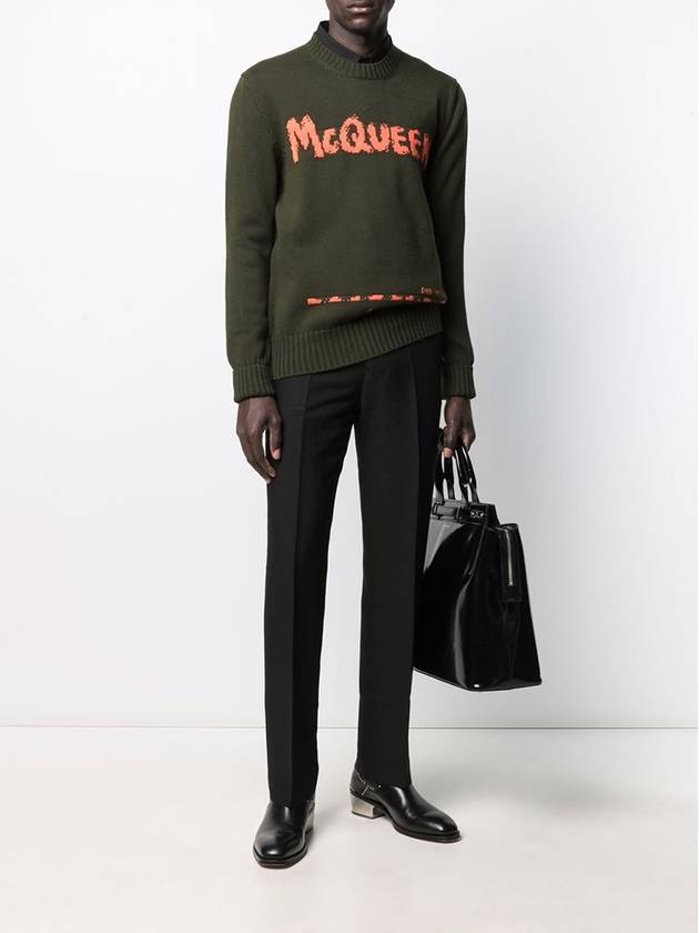 Graffiti Crew Neck Knit Top Khaki - ALEXANDER MCQUEEN - BALAAN.