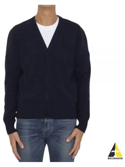 Heart Logo V Neck Cashmere Cardigan Navy - AMI - BALAAN 2