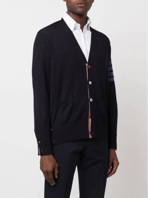 4-Bar Stripe Sustainable Merino Wool Cardigan Navy - THOM BROWNE - BALAAN 4