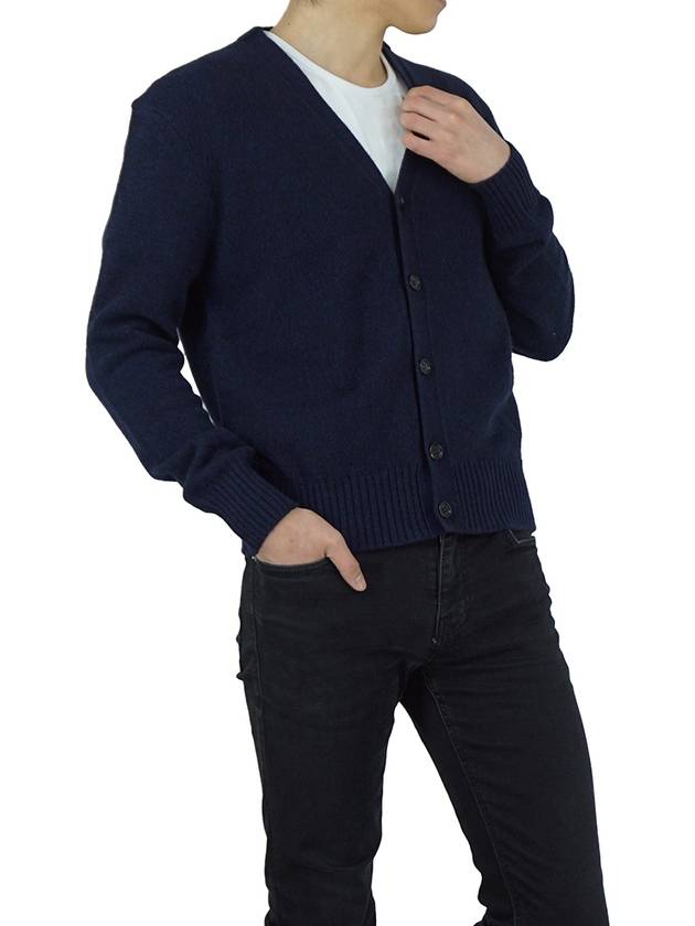 Heart Logo V Neck Cashmere Cardigan Navy - AMI - BALAAN 6