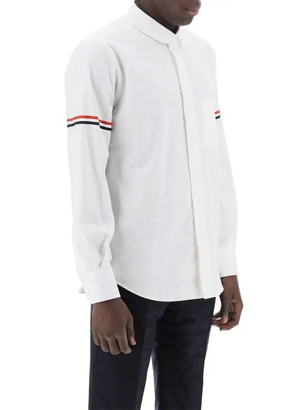 Armband Detail Seersucker Long Sleeve Shirt White - THOM BROWNE - BALAAN 3