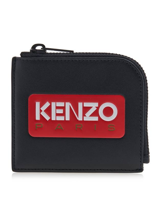 Logo Zipper Calf Leather Card Wallet Black - KENZO - BALAAN 2