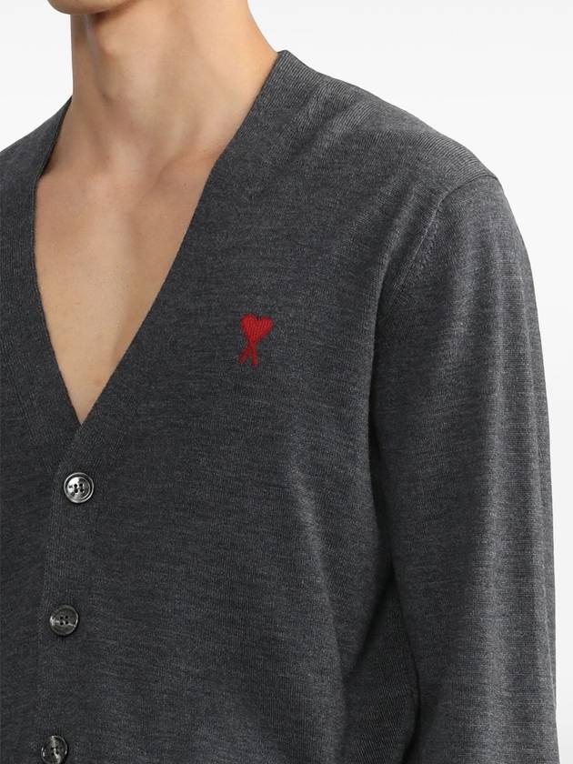 Red Heart Logo Merino Wool Cardigan Heather Grey - AMI - BALAAN 7