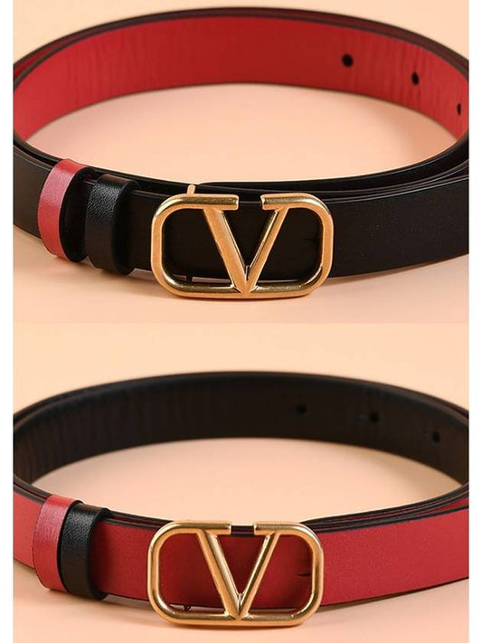 Women's Metal V Logo Buckle Leather Belt Black Red - VALENTINO - BALAAN 2