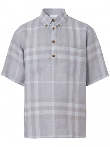 Check Linen Short Sleeve Shirt Grey - BURBERRY - BALAAN 1