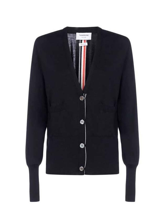 Silk Cotton Blend Relaxed V-Neck Cardigan Navy - THOM BROWNE - BALAAN.