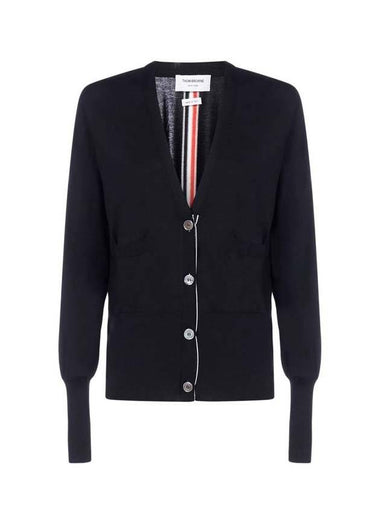 Silk Cotton Blend Relaxed V-Neck Cardigan Navy - THOM BROWNE - BALAAN 1