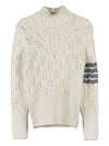 Women's 4 Bar Irish Pointelle Cable Merino Wool Turtleneck White - THOM BROWNE - BALAAN 2