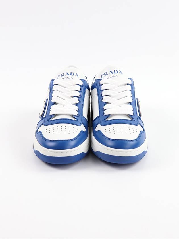 Downtown Perforated Leather Low Top Sneakers Blue White - PRADA - BALAAN 3