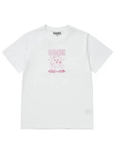 Pink Relax Bunny Logo Print Orc Cotton Short Sleeve T-Shirt White - GANNI - BALAAN 2