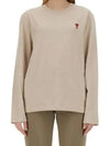 Chain Stitch Heart Logo Long Sleeve T-Shirt Light Beige - AMI - BALAAN 2