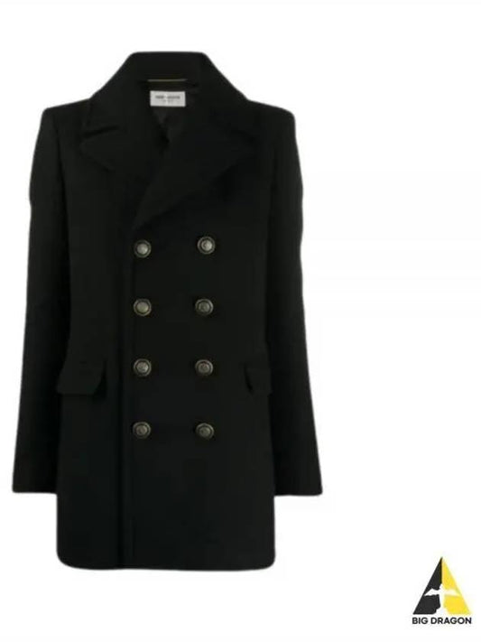 Women's Double Breasted Wool Pea Coat Navy - SAINT LAURENT - BALAAN 2