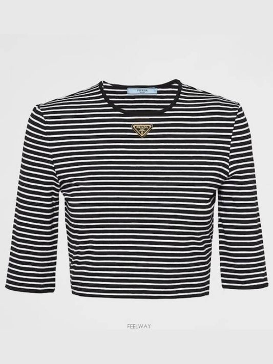 Triangular Logo Striped Cotton Short Sleeve T-shirt Black - PRADA - BALAAN 2