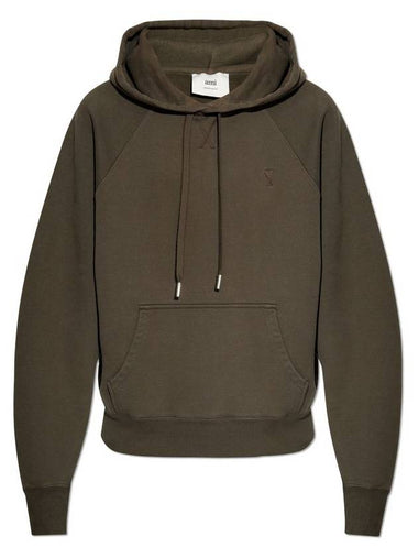 Embroidered Logo Drawstring Hoodie Dark Coffee - AMI - BALAAN 1