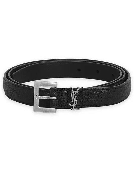 Men's Monogram Silver Buckle Leather Belt Black - SAINT LAURENT - BALAAN 2