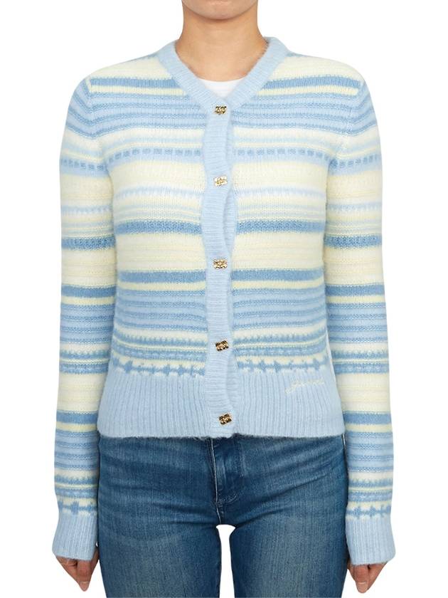 Striped Soft Wool Cardigan Light Blue - GANNI - BALAAN 4