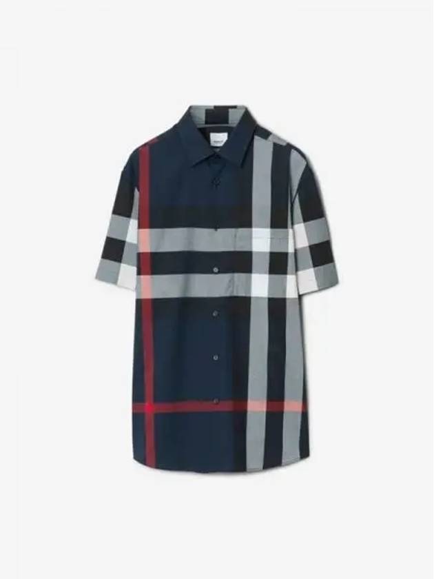 Check Cotton Short Sleeve Shirt Navy - BURBERRY - BALAAN 2