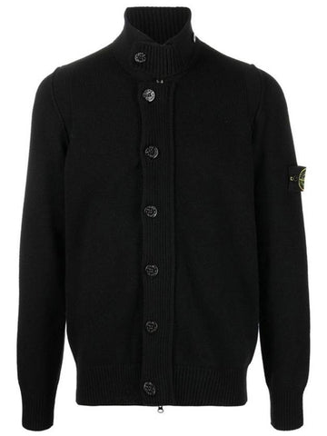 Men's Patch High Neck Lambswool Knit Cardigan Black - STONE ISLAND - BALAAN 1