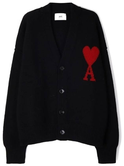 Heart Logo V Neck Wool Cardigan Black - AMI - BALAAN 2