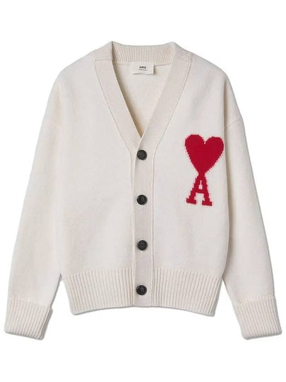 Big Heart Logo Oversized Intarsia Cardigan White - AMI - BALAAN 2