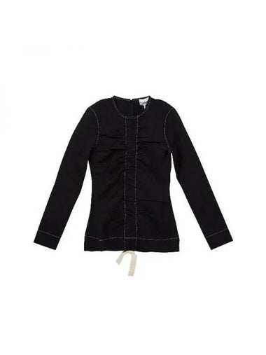 Jacquard Ruched Long Sleeve T-Shirt Black - GANNI - BALAAN 1