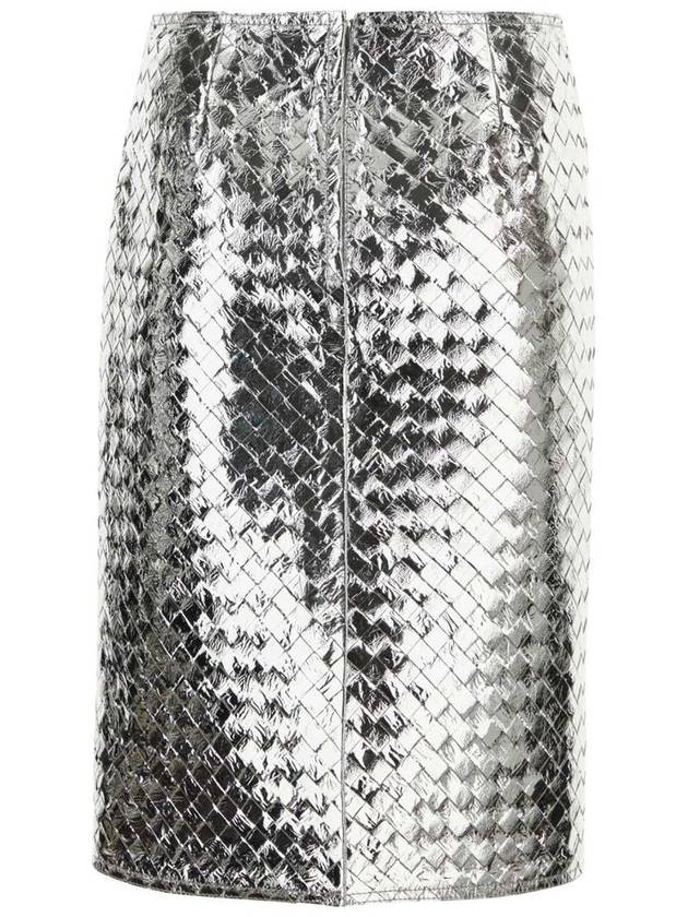 Women's Interciato Laminated Leather Midi H-Line Skirt Silver - BOTTEGA VENETA - BALAAN 3