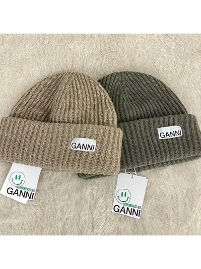 Logo Patch Wool Beanie Dusty Olive - GANNI - BALAAN 2