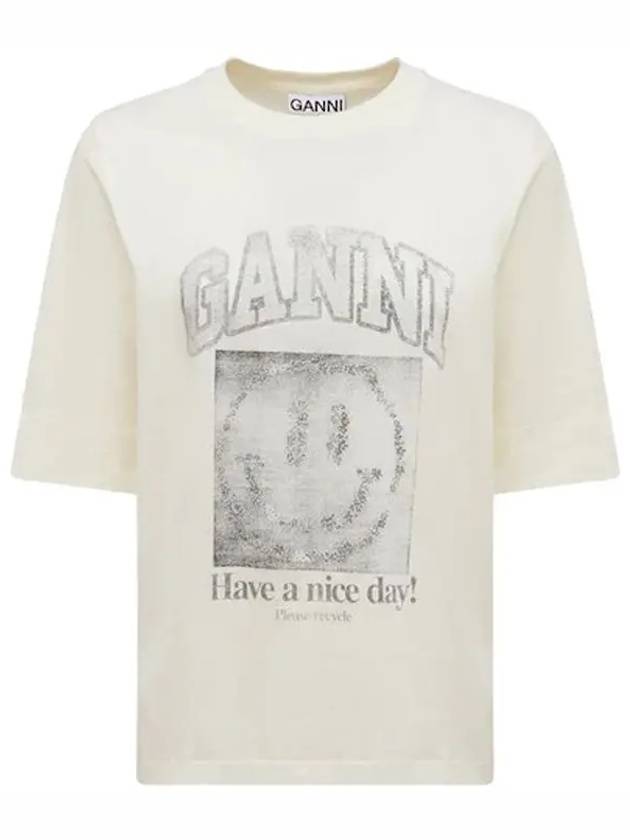 Smile Logo Vintage Print Paneled Cotton TShirt - GANNI - BALAAN 1