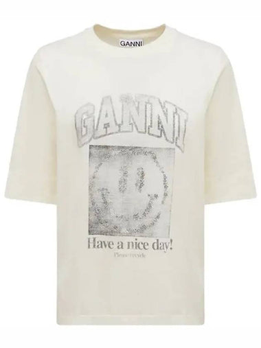 Smile Logo Vintage Print Paneled Cotton TShirt - GANNI - BALAAN 1