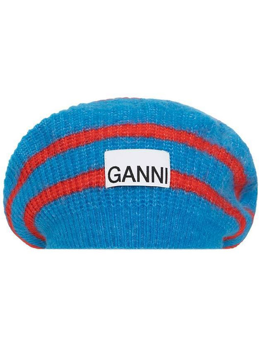 logo striped wool beret blue - GANNI - BALAAN.