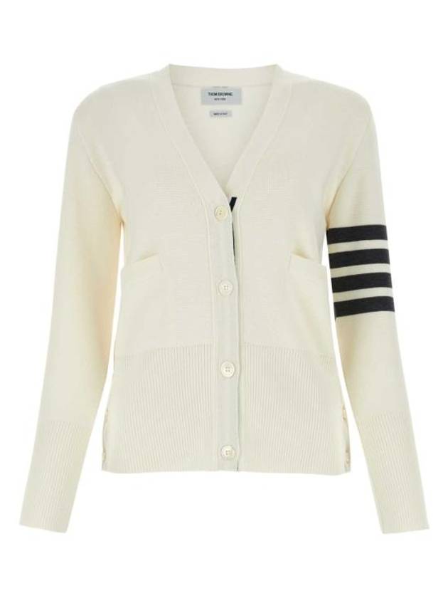 Milano Stitch 4 Bar Classic V Neck Fine Merino Wool Cardigan White - THOM BROWNE - BALAAN 2