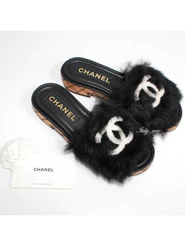 CC Logo Fur Shearling Mule Slippers Black G39357 - CHANEL - BALAAN 3