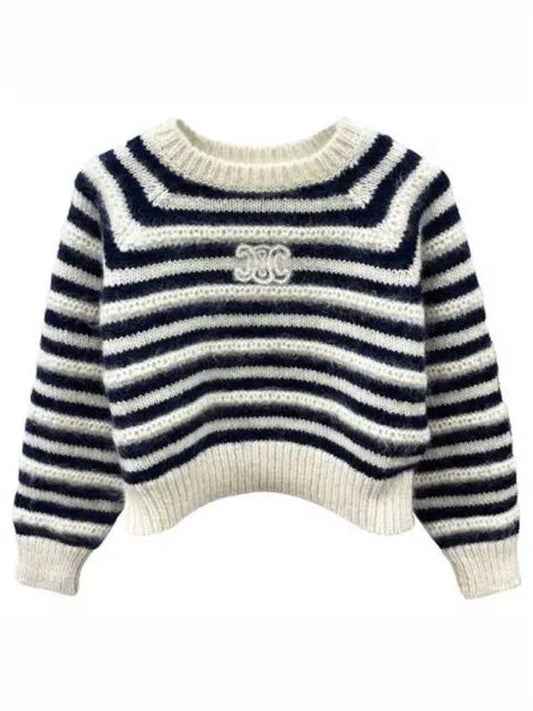 Crew Neck Marini Ermo Hair Silk Sweater Off White Navy Women s Knit 271498 - CELINE - BALAAN 1