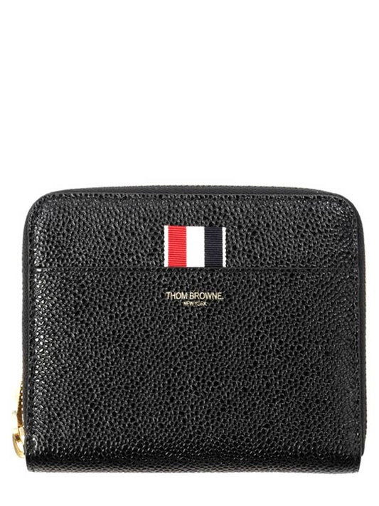 Three Stripes Pebble Grain Zipper Round Half Wallet Black - THOM BROWNE - BALAAN 2