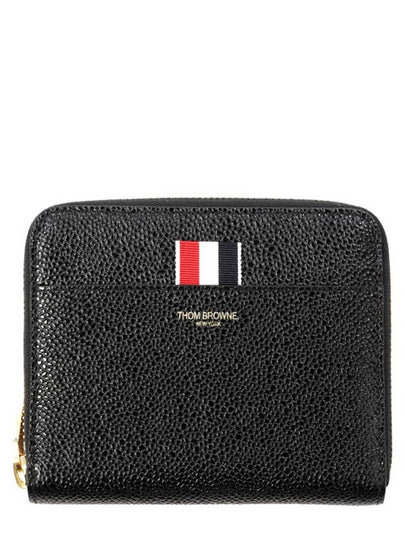 Three Stripes Pebble Grain Zipper Round Half Wallet Black - THOM BROWNE - BALAAN 2