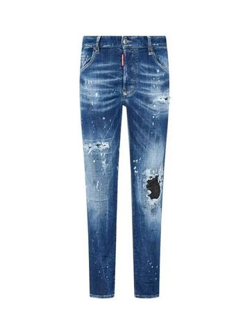 Men s Leather Patch Washed Skater Jeans Indigo - DSQUARED2 - BALAAN 1