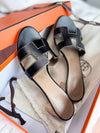 Oasis Calfskin Slipper Heels Noir Piqures Ecrues - HERMES - BALAAN 8