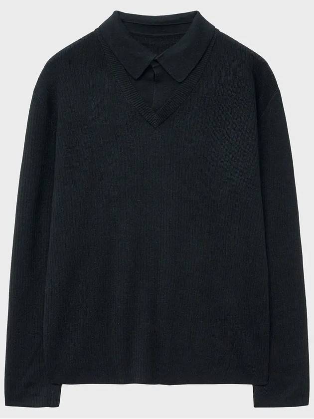 Cotton ribbed henley neck knit black - NOIRER - BALAAN 9