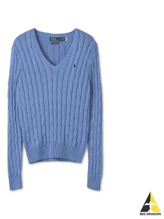 W cable knit cotton V neck sweater blue - POLO RALPH LAUREN - BALAAN 1