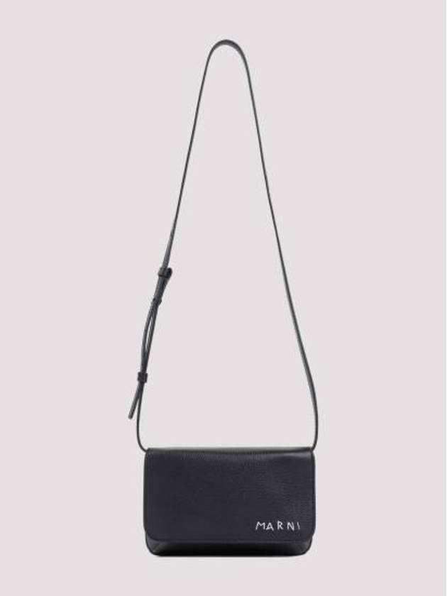 Embroidered Logo Leather Cross Bag Black - MARNI - BALAAN 4