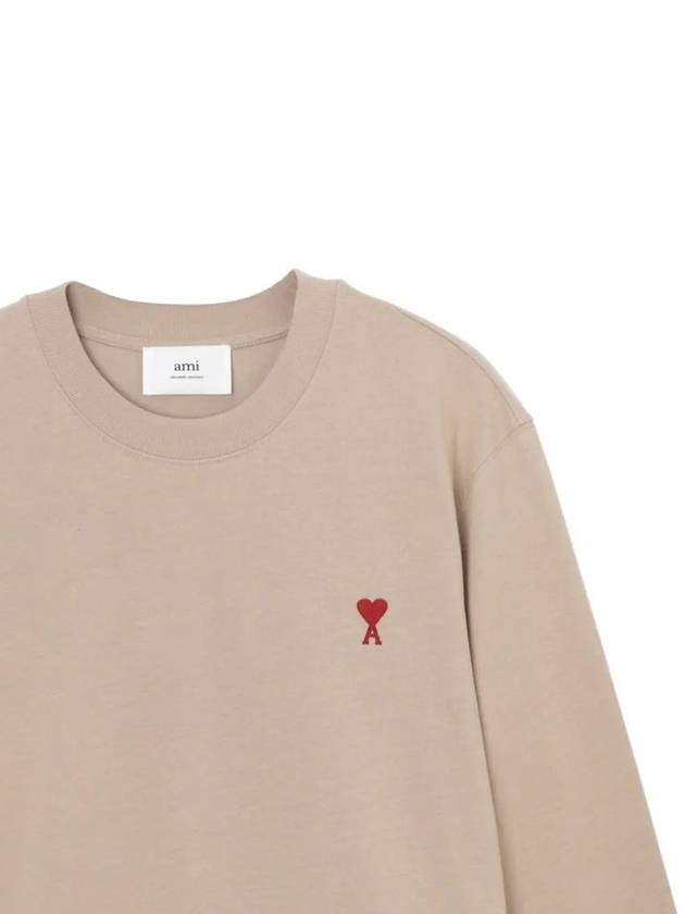 Chain Stitch Heart Logo Long Sleeve T-Shirt Light Beige - AMI - BALAAN 4