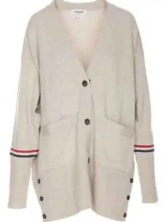 Merino Wool Stripe Exaggerated V-Neck Cardigan Neutrals - THOM BROWNE - BALAAN 2