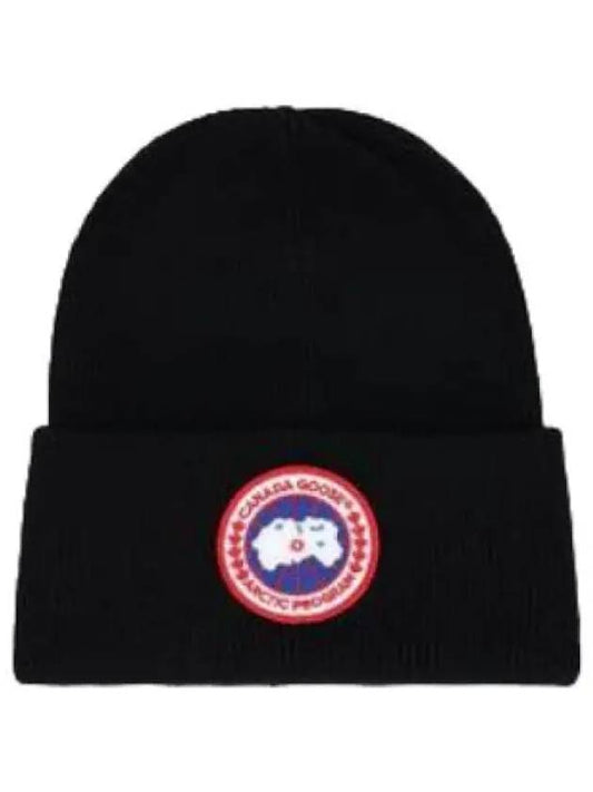 Logo Patch Wool Beanie Black Hat - CANADA GOOSE - BALAAN 1