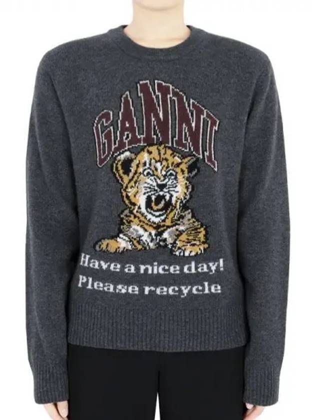 Graphic Wool Mix Tiger Crewneck Knit Top Grey - GANNI - BALAAN 2