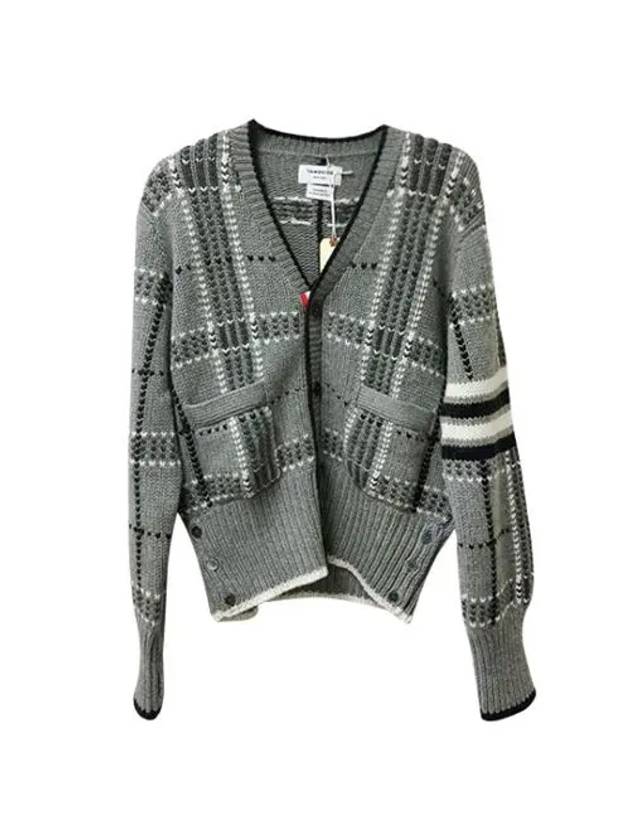 Hairline Check Intarsia Classic Cashmere V Neck Cardigan Light Grey - THOM BROWNE - BALAAN 2