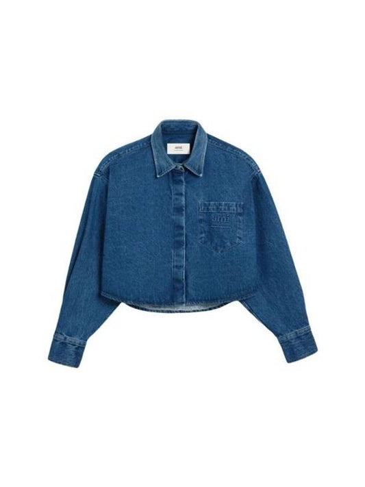 Ami Embroied Crop Long Sleeve Shirt Denim Blue - AMI - BALAAN 1
