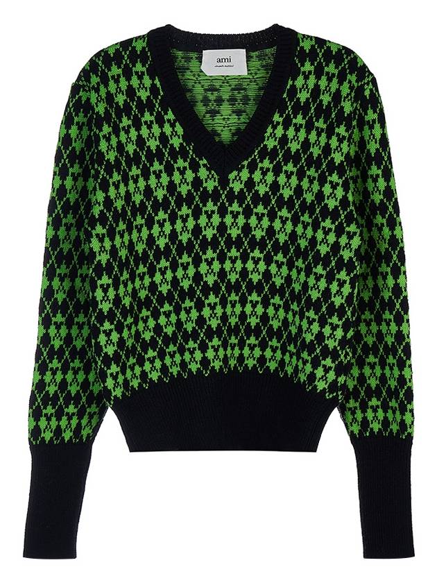 V-neck Jacquard Wool Knit Top Black Green - AMI - BALAAN 11