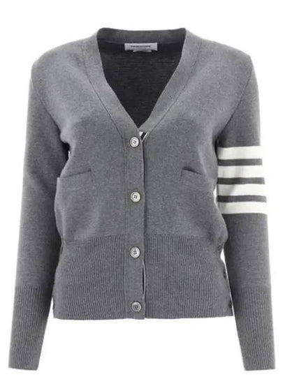 Milano Stitch 4 Bar Classic V Neck Fine Merino Wool Cardigan Medium Grey - THOM BROWNE - BALAAN 2